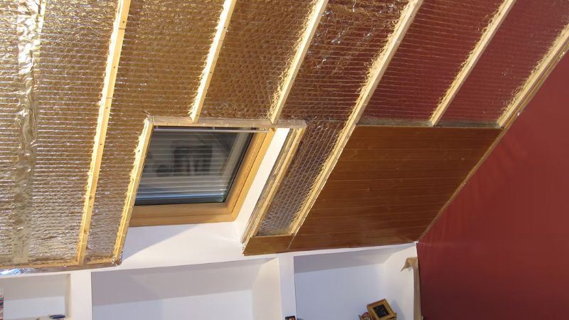 חלון סקיילייט בעליית גג עם יריעות בידוד רפלקטיביות המשולבות בין קורות עץ משופעות